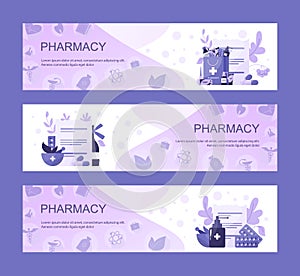 Online pharmacy web header set. Medicine pill for disease treatment