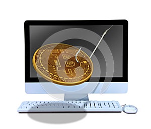 Online phishing Bitcoin on fish hook coming out of computer to lure you into purchasing mining and hacking photo