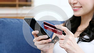 Online phone payment by credit card, Close up of hand using mobile phone make digital money payment for shopping, E commerce,