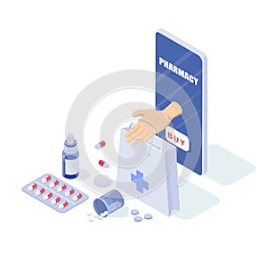 Online phone and pills, capsules blisters, glass bottles, plastic tubes. The concept of an online pharmacy. The doctor`s