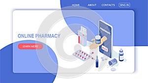 Online phone and pills, capsules blisters, glass bottles, plastic tubes. The concept of an online pharmacy. The doctor`s