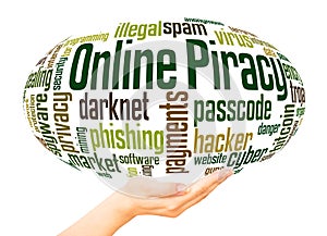 Online piracy word cloud hand sphere concept