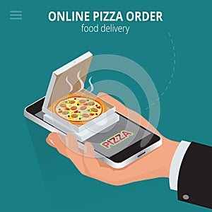 Online pizza. Ecommerce concept - order food online website. Fast food pizza delivery online service. Flat 3d isometric