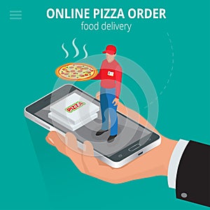 Online pizza. Ecommerce concept - order food online website. Fast food pizza delivery online service. Flat 3d isometric