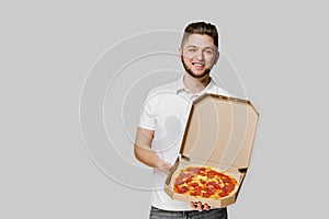 Online pizza safety delivery servise from restaurant. Pizza with cheese boards advertise. Isolated white background with
