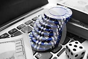 Online Poker In Black & White With Blue Poker Chips, Dice & Stacks Of Hundreds