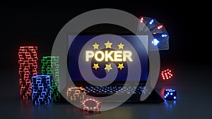 Online Poker Gambling Concept With Glowing Neon Lights, Poker Cards and Poker Chips Isolated On The Black Background - 3D Illustra