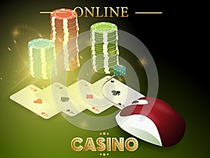 Different colored Casino chips, cards, dice nearby PC mouse on green colored background.