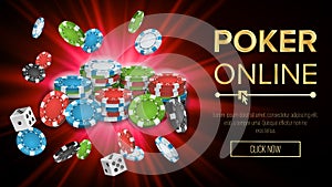 Online Poker Vector. Gambling Casino Banner Sign. Explosion Chips, Playing Dice. Jackpot Casino Billboard, Signage