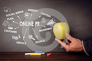 Online PR. Chart with keywords and icons on a dark chalk board