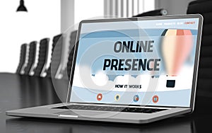 Online Presence on Laptop in Conference Hall. 3D.