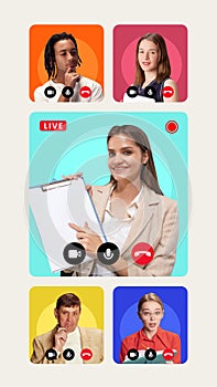 Online presentation. Businesswoman hosting live webinar, engaging with virtual team, sharing knowledge and presenting photo