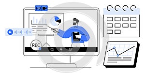 Online Presentation with Data Analytics and Video Recording Tools Displayed on a Desktop Screen