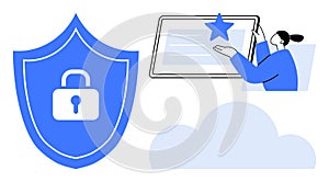 Digital Security Concept with Shield Icon, User Interaction, and Cloud Technology