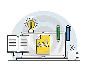 Online Profession with Learning Platform and Computer Interface Display Line Vector Illustration