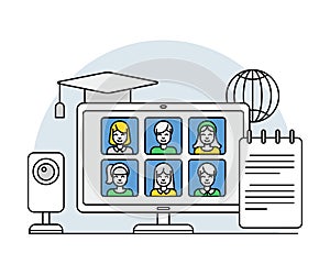 Online Profession with Learning Platform and Computer Interface Display Line Vector Illustration