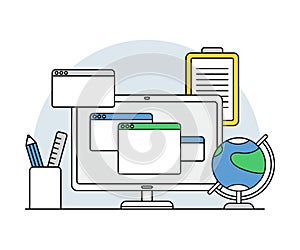Online Profession with Learning Platform and Computer Interface Display Line Vector Illustration