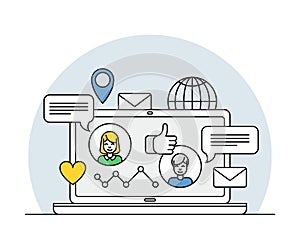 Online Profession with Learning Platform and Computer Interface Display Line Vector Illustration