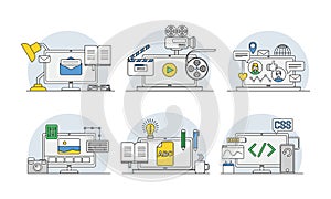 Online Profession with Learning Platform and Computer Interface Display Line Vector Set