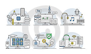Online Profession with Learning Platform and Computer Interface Display Line Vector Set