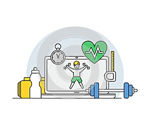 Online Profession with Learning Platform for Doing Sport and Computer Interface Display Line Vector Illustration