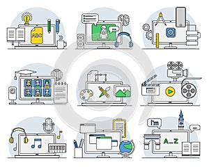 Online Professions with Learning Platform and Computer Interface Display Line Vector Set