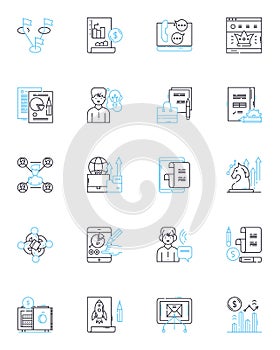 Online promotions linear icons set. Discounts, Coupons, Sales, Rebates, Promotions, Sweepstakes, Giveaways line vector