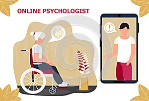 Online psychologist concept vector. Senior disable woman receive professional psychology consultation. Depression, sadness, mental