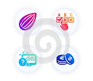 Online quiz, Correct checkbox and Almond nut icons set. Savings sign. Web support, Answer, Vegetarian food. Vector