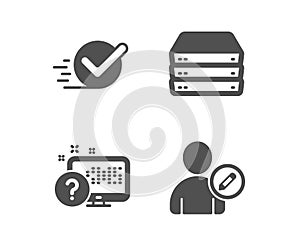 Online quiz, Servers and Checkbox icons. Edit user sign. Web support, Big data, Approved. Profile data. Vector