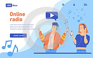 Online radio broadcast landing page. Happy people listen to music. Cartoon couple with smartphones or headsets