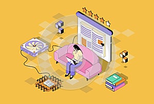 Online reading concept in 3d isometric design. Woman read e-book using laptop program, buying electronic literature at online