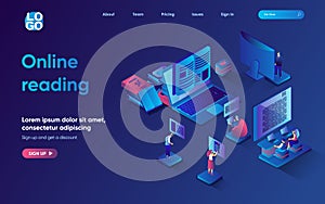 Online reading concept 3d isometric web landing page.