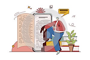 Online reading concept with character situation in flat design. Man reads e-book using mobile application. Reader studying