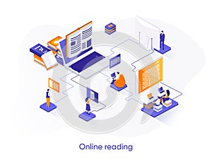 Online reading isometric web banner. Distance education and knowledge isometry concept. E-book reading application 3d scene,