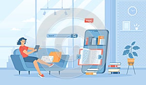 Online reading. Online service with e-books, library, education. Bookshelf and open book on phone screen. Flat cartoon vector