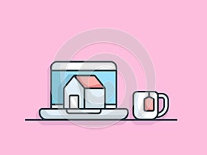 Online real estate concept laptop with home and coffee cup