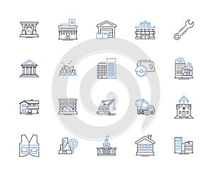 Online real estate platforms line icons collection. Listings, Properties, Agents, Marketplace, Transactions, Analytics