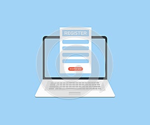 Online Registration Form on laptop screen, Register Button. Registration or sign up user interface. Users use secure login.
