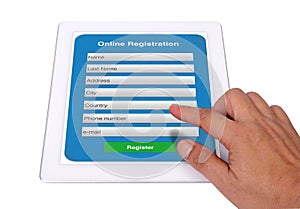 Online registration form on tablet.