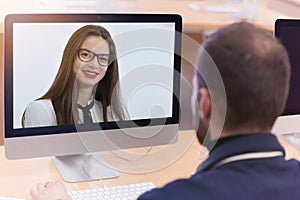 Online remote learning. Digital video conference chat with stude