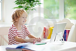 Online remote learning. School kids with computer