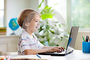 Online remote learning. School kids with computer