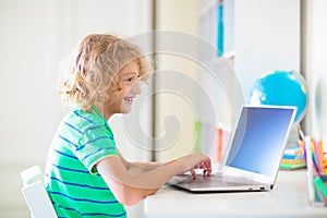 Online remote learning. School kids with computer