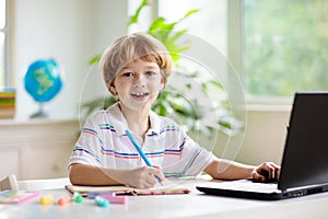 Online remote learning. School kids with computer