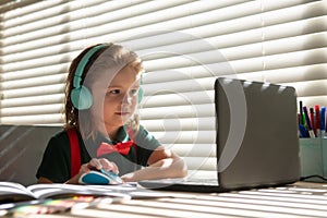 Online remote learning. School kids with computer having video conference chat with teacher in class. Child studying at