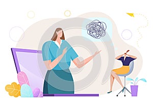 Online remote psychologist doctor appointment, tiny woman character mental problem flat vector illustration, isolated on