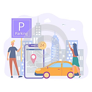 Online reservation of a parking space for a car. Reserve a parking space, car parking service. Colorful vector illustration