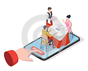 Online restaurant table reservation, flat isometric illustration.