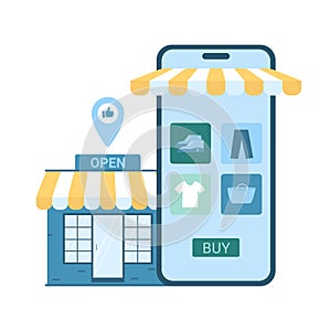 Online retail commerce, mobile shop app on phone screen with shelves, mini store building